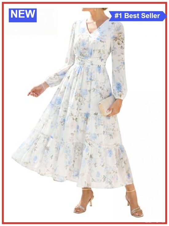 Dresses & Skirts - Floral Maxi Dress V-Neck Lantern Sleeve Formal Wedding Guest Long Sleeve